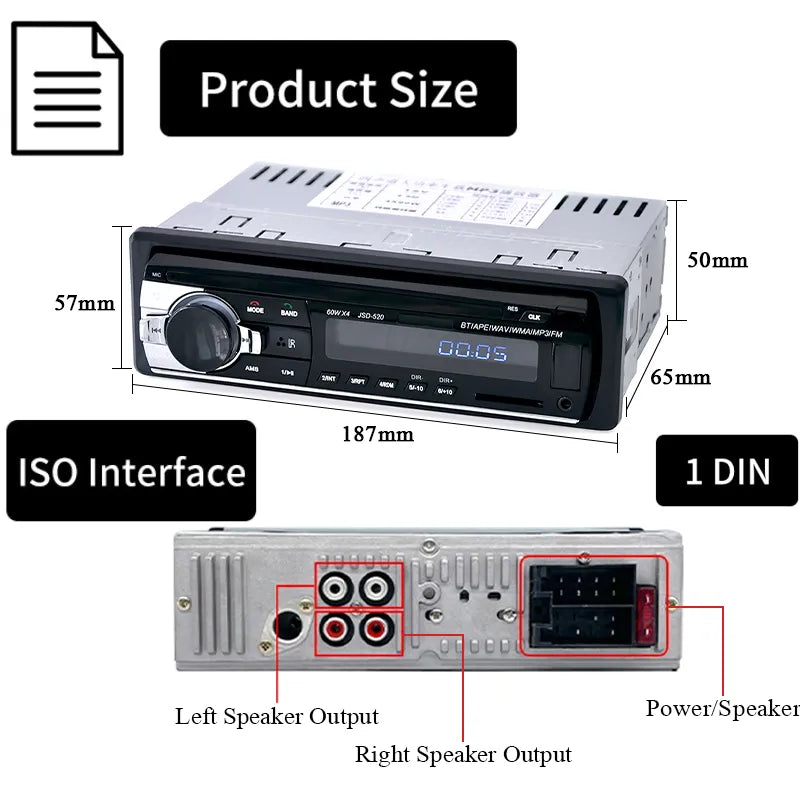 1-Din Car Radio Stereo Player - Bluetooth MP3, USB/SD, FM Radio