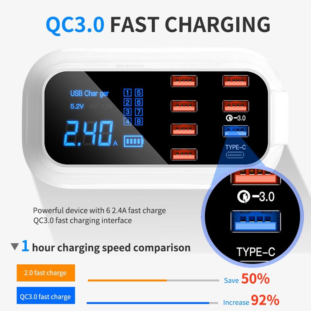 8 Port USB Charger - Fast Charging for Multiple Devices